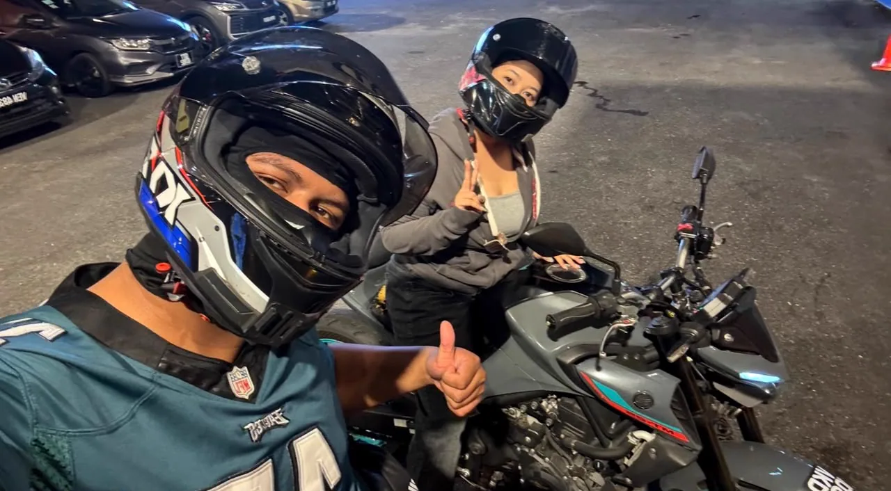 The two of you with a motorcycle and helmets